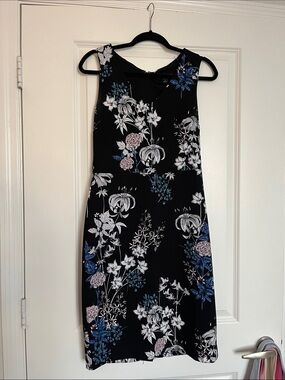 Floral Print Black A-Line Dress - Blue & White Accents